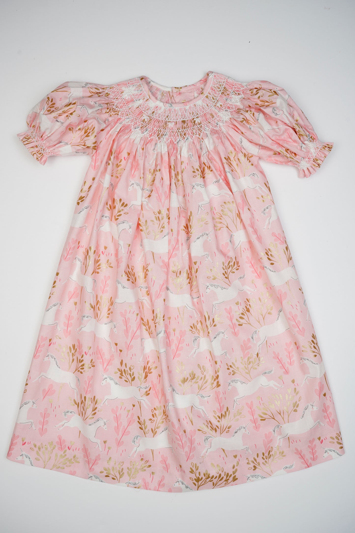 Pink Geo Smocked On Unicorn Print Short Sleeve Bishop Dress