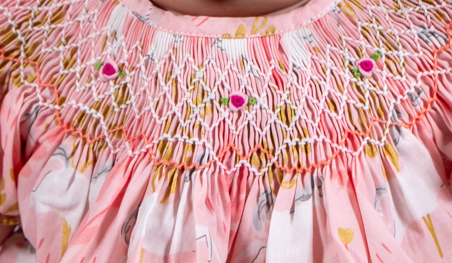 Pink Geo Smocked with Unicorn Print Short Sleeve Bishop Dress