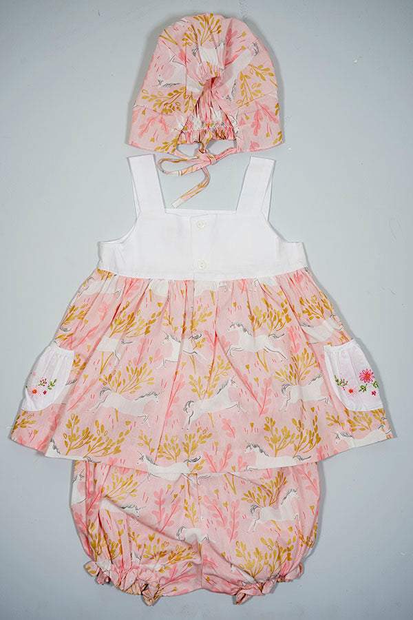 Printed Unicorn Set with hand embroidered unicorn and beautiful bonnet