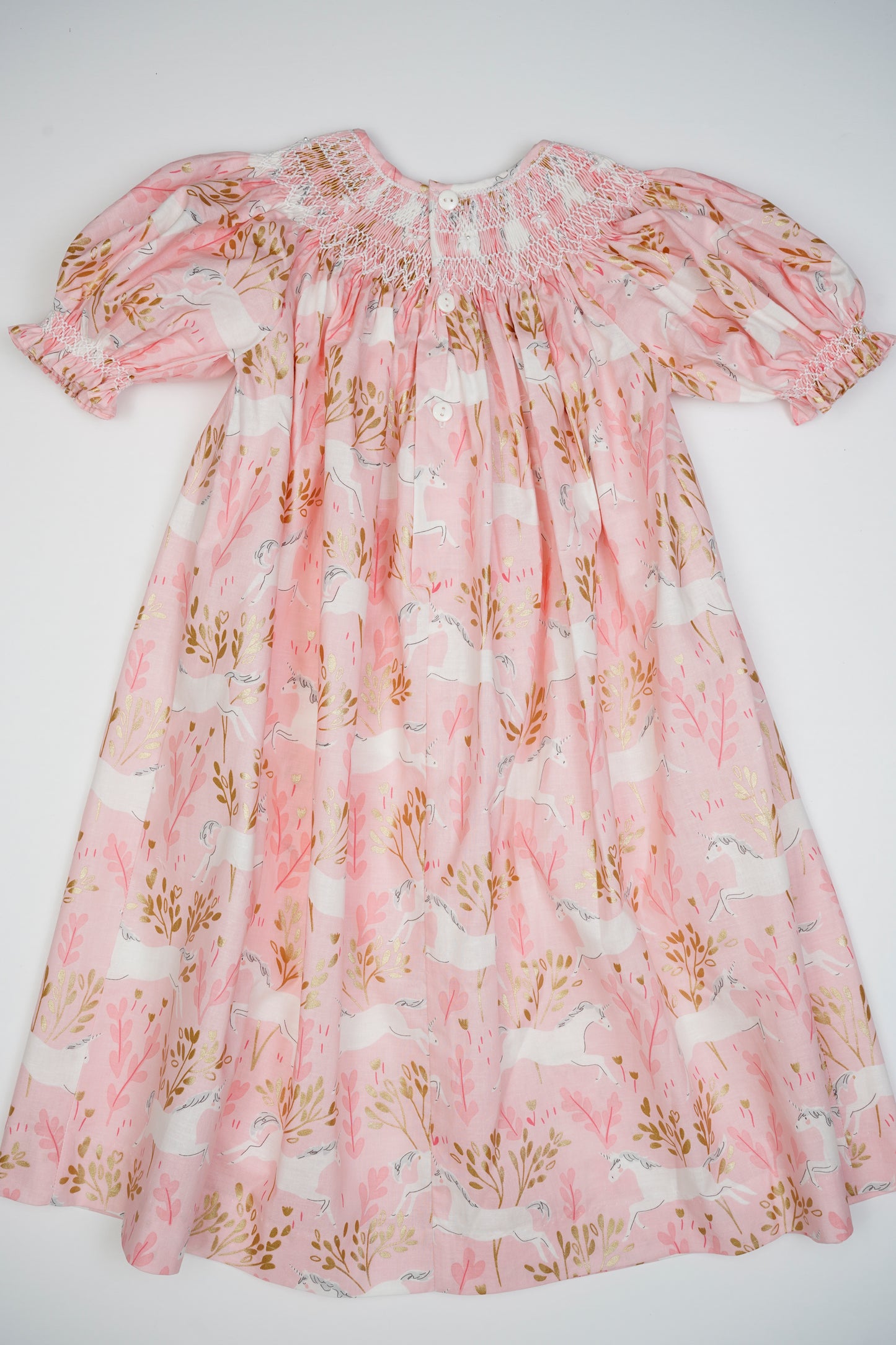 Pink Geo Smocked On Unicorn Print Short Sleeve Bishop Dress