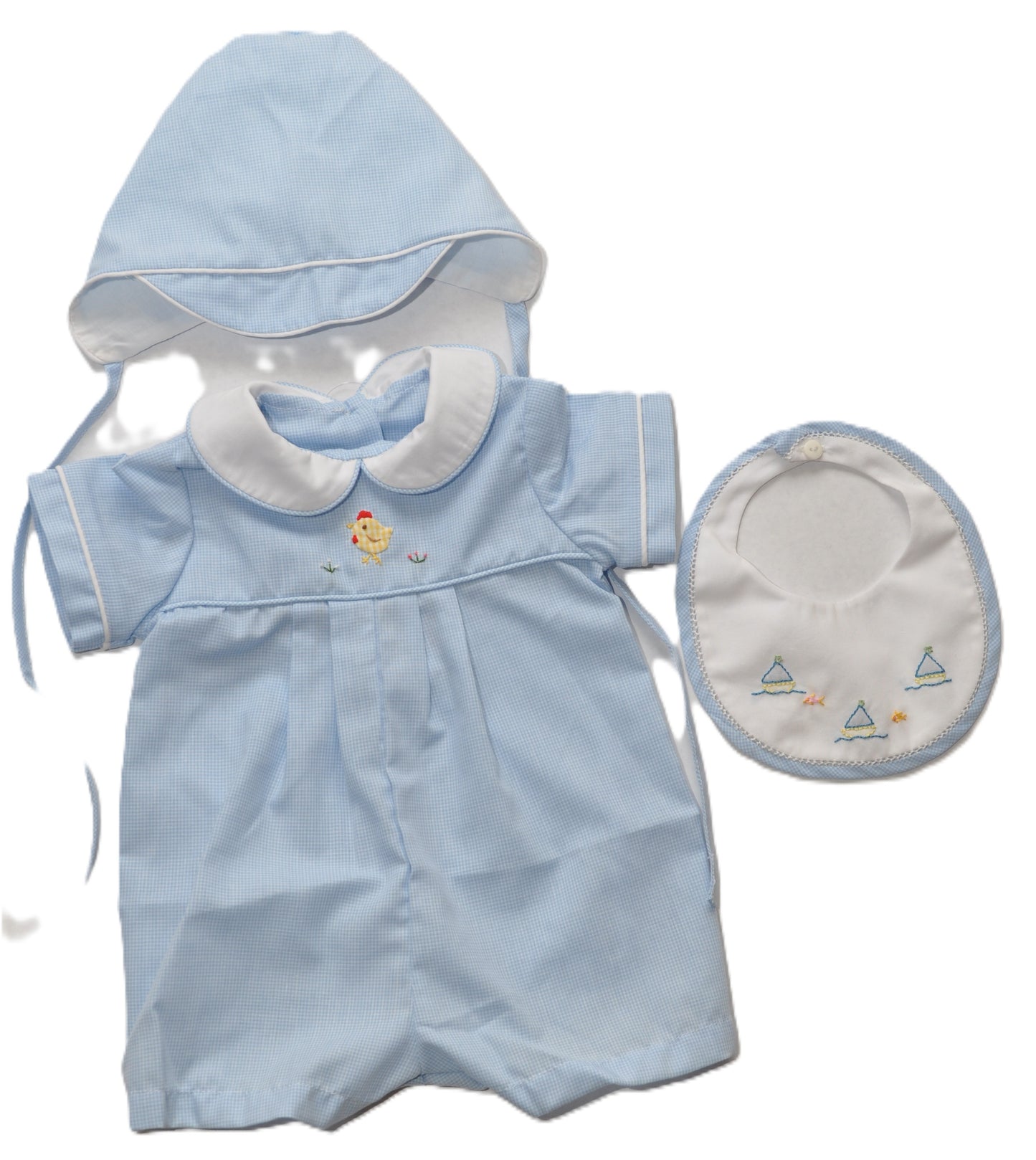 Blue Boy Boat Embroidered Jon Jon Romper with Buttons and Matching Bonnet