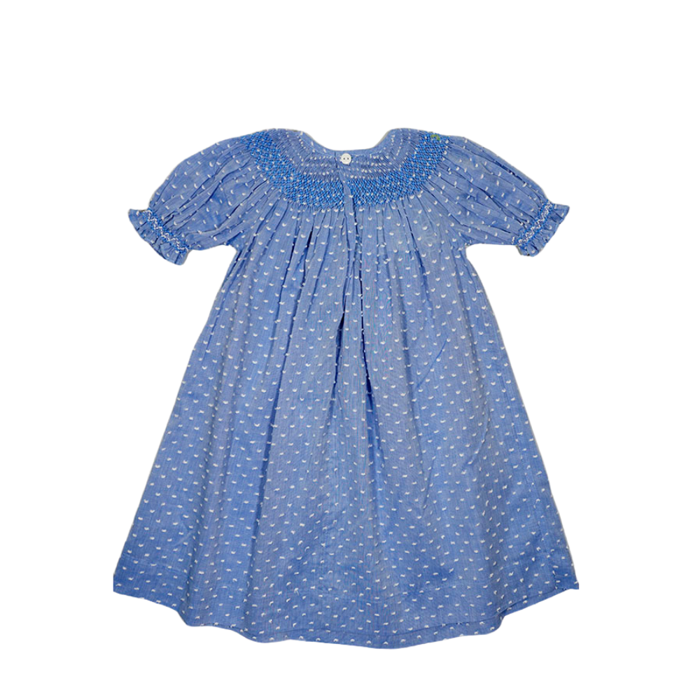Blue Swiss Dot Geometric Smocked with Daisy Embroidery Short Sleeve Dress