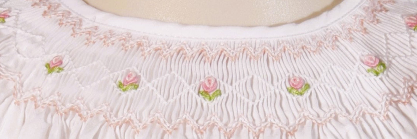 White Geometric Smocked With Pink Flowers Long Sleeve Bishop Dress