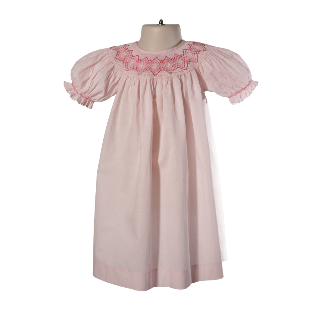 Light Pink Geometric Smocked Short Sleeve Bishop Dress