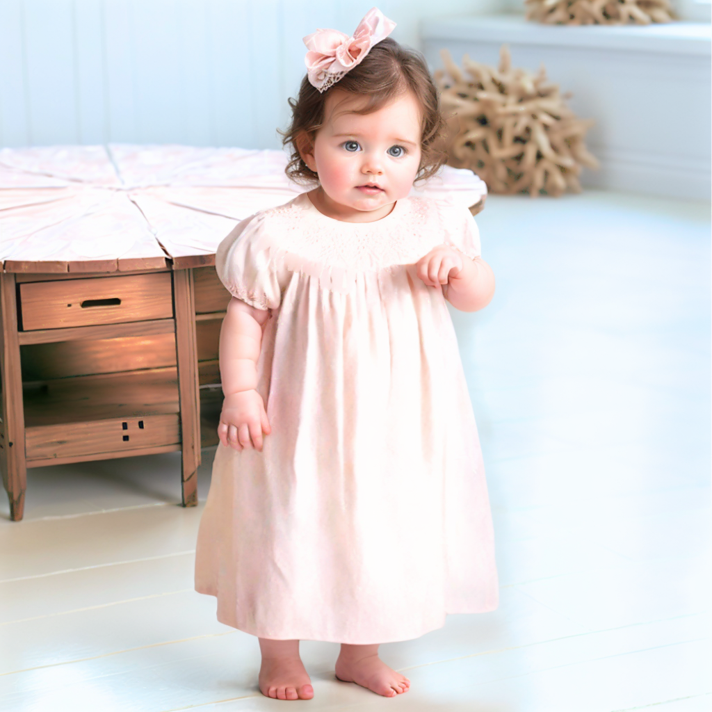 Light Pink Geometric Smocked with Pearl Short Sleeve Bishop Dress