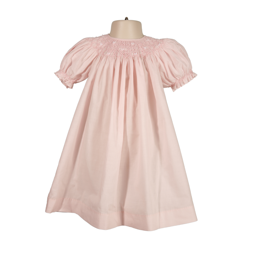 Light Pink Geometric Smocked with White Bows Sleeve Bishop Dress
