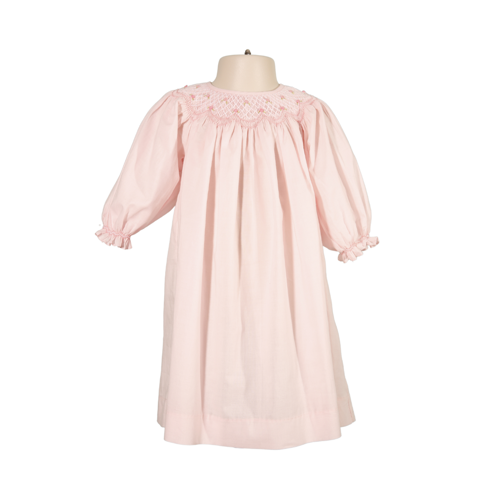 Solid Pink Geo Smocked Long Sleeve Bishop Dress
