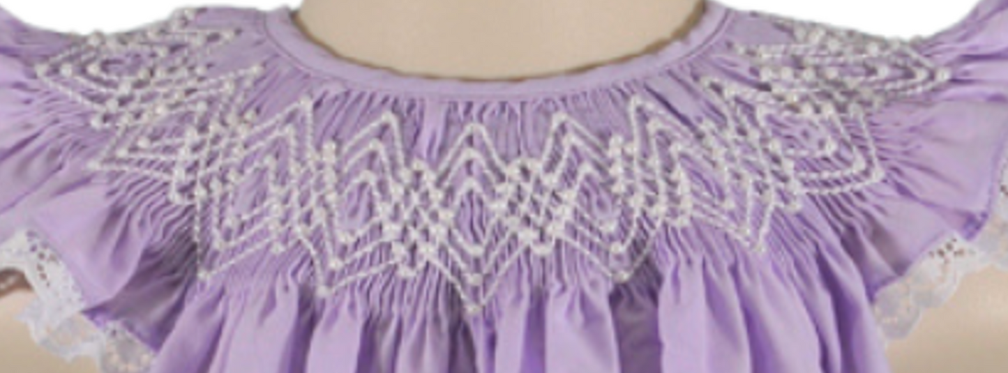 Lavender Geometric Smocked with Pearl Angel Wing Sleeve Bishop Dress
