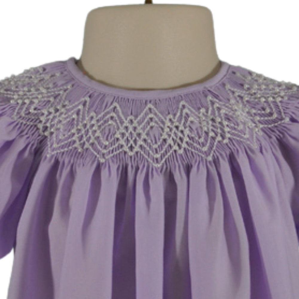 Lavender Geometric Smocked with Pearl Short Sleeve Bishop Bubble