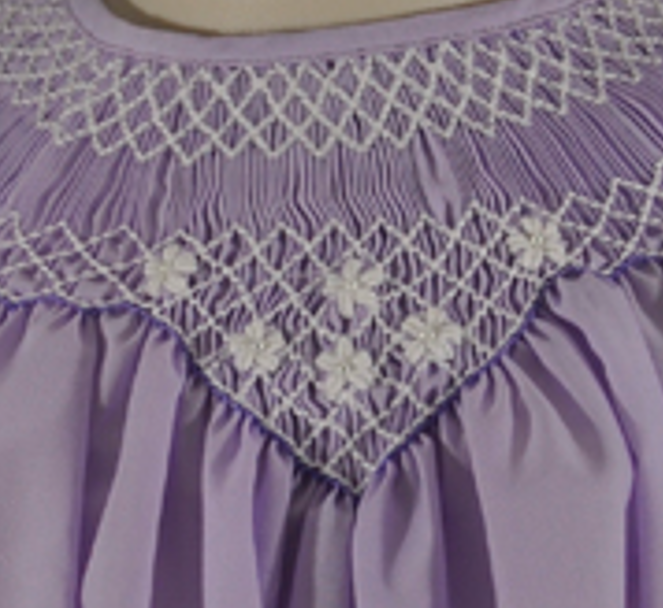 Lavender Geometric Smocked with White Flowers Angel Wing Sleeve Bishop Dress