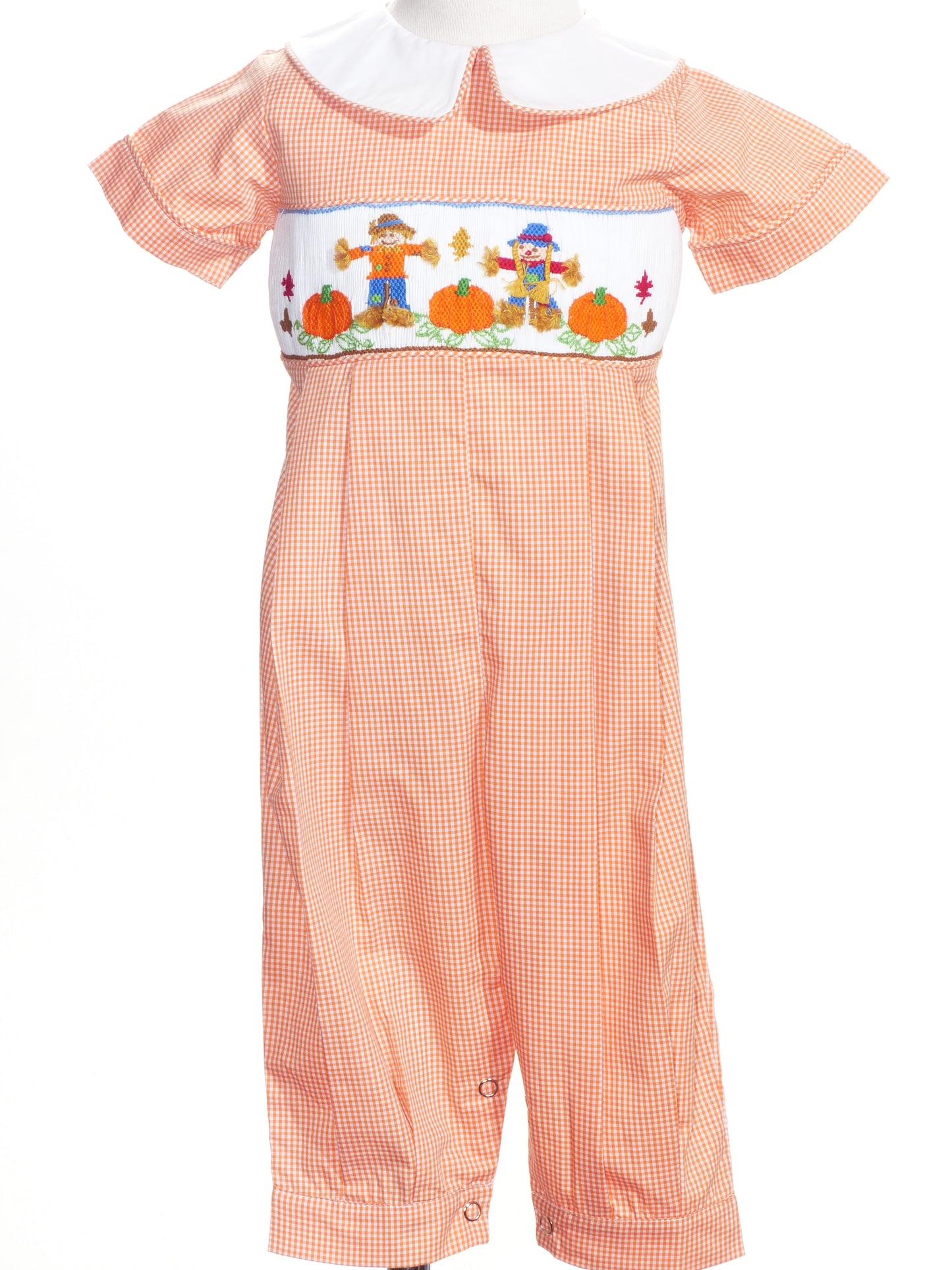 Orange Gingham Boy Romper featuring SCARECROW & PUMKINS Hand-Smocked