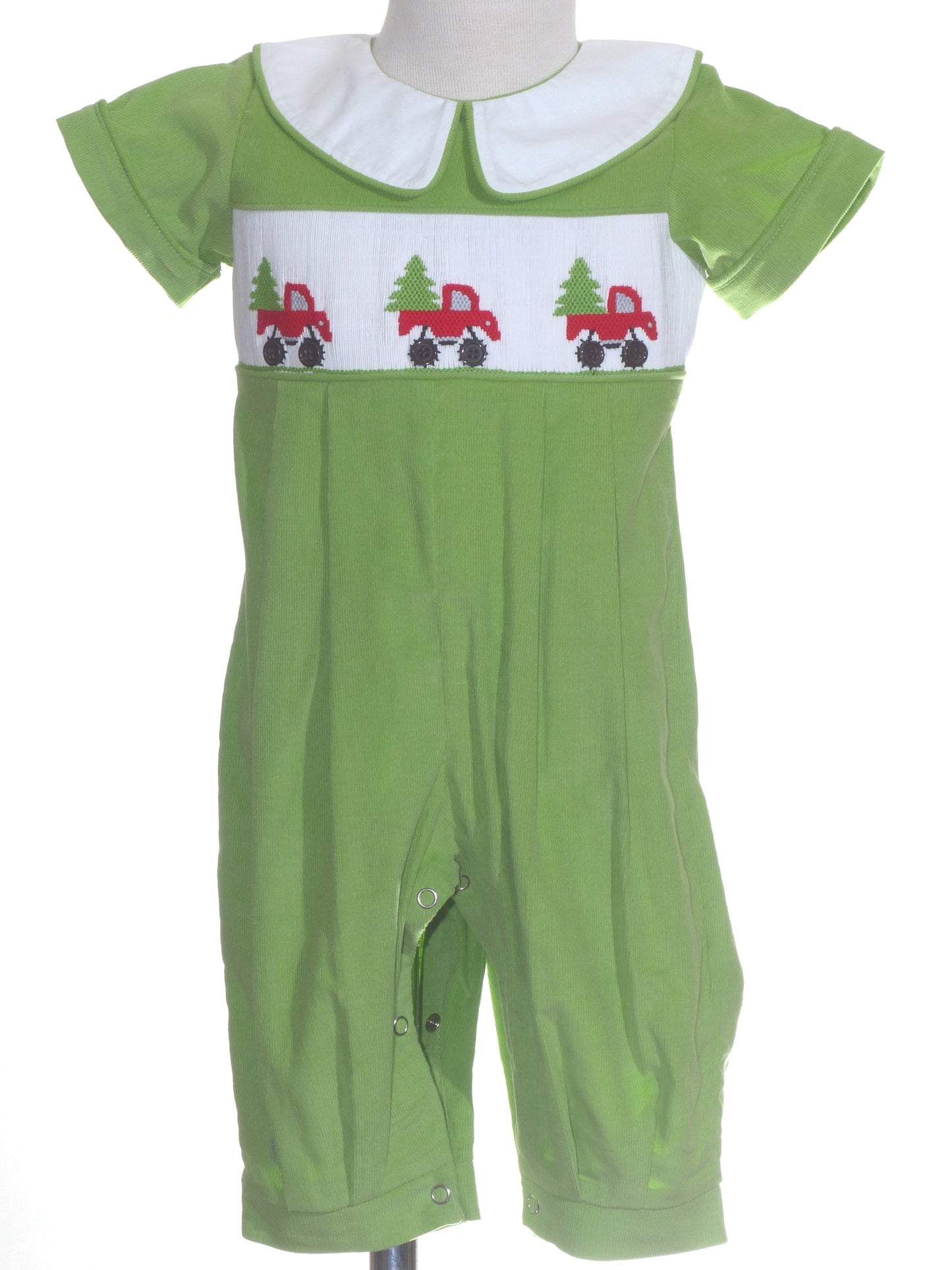 Green Corduroy Christmas Trees On Truck Smocked Boy Romper