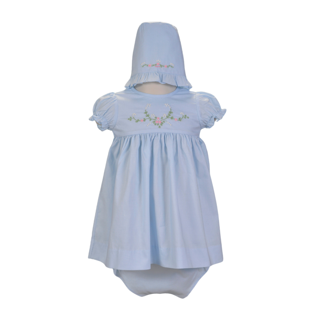 Blue Smocked with Floral Embroidered Short Sleeve Dress