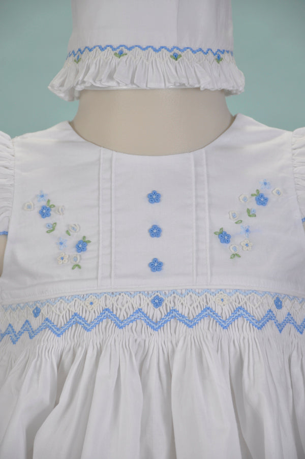 White Smocked Flutter Sleeve Dress with Beautiful Bonnet