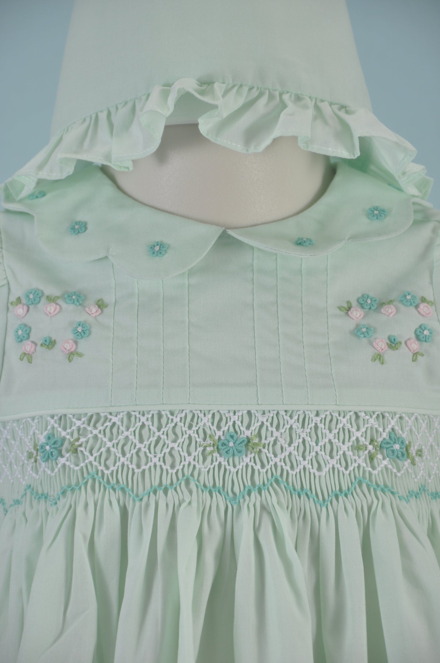 Mint Smocked Short Sleeve Dress with Beautiful Petal Collar & Bonnet