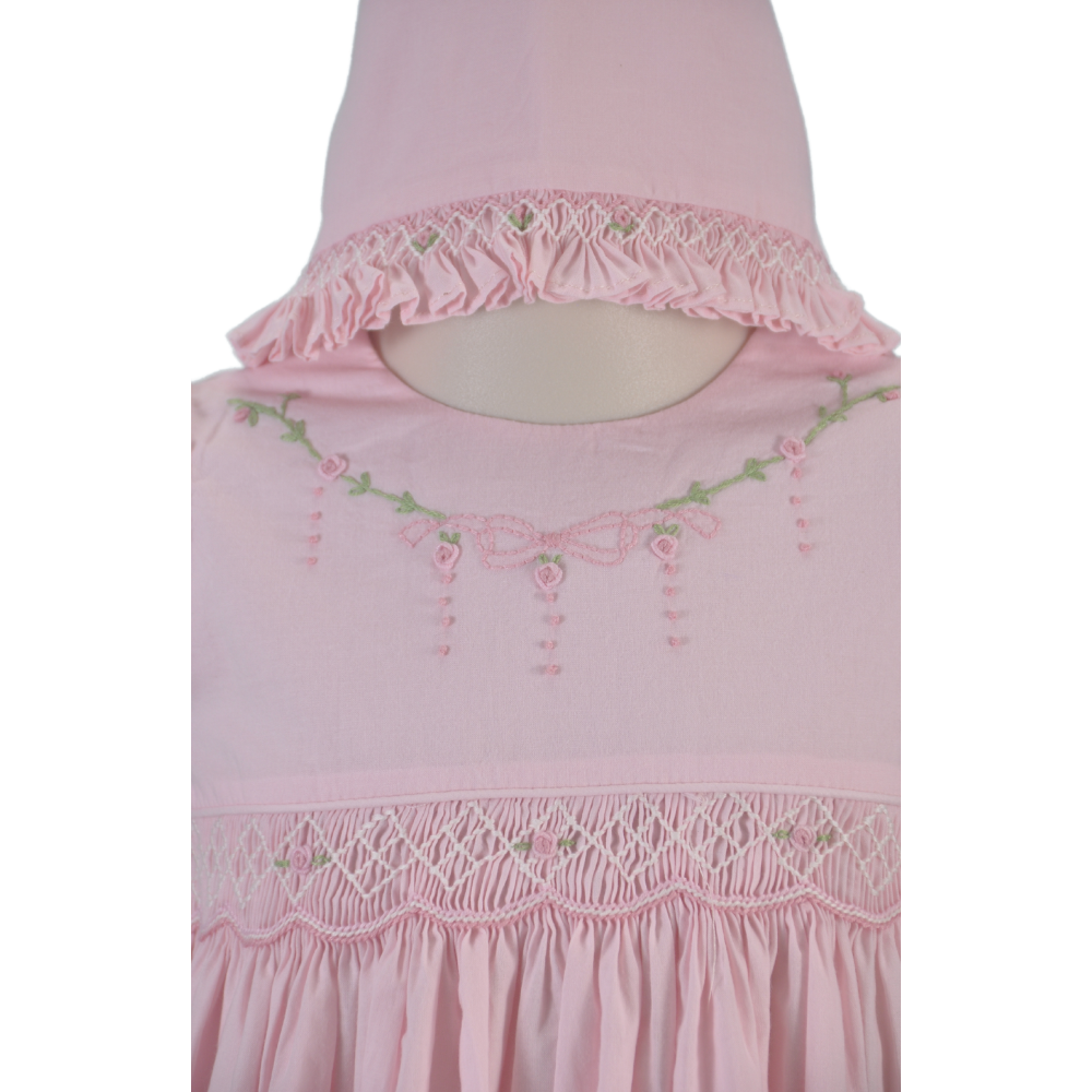 Pink Smocked Bow Embroidered Short Sleeve Dress with Beautiful Smocked Bonnet