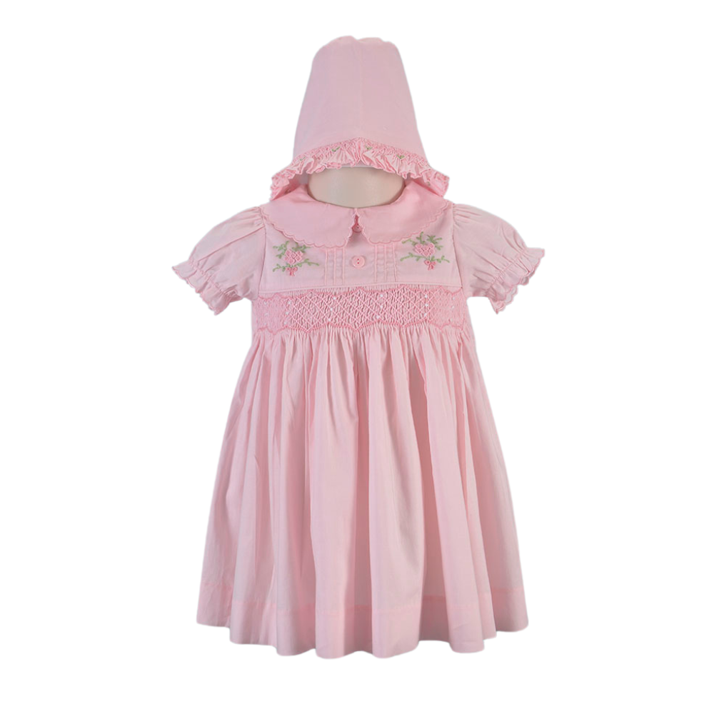 Pink Smocked with Scalloped Collar Dress with Beautiful Bonnet