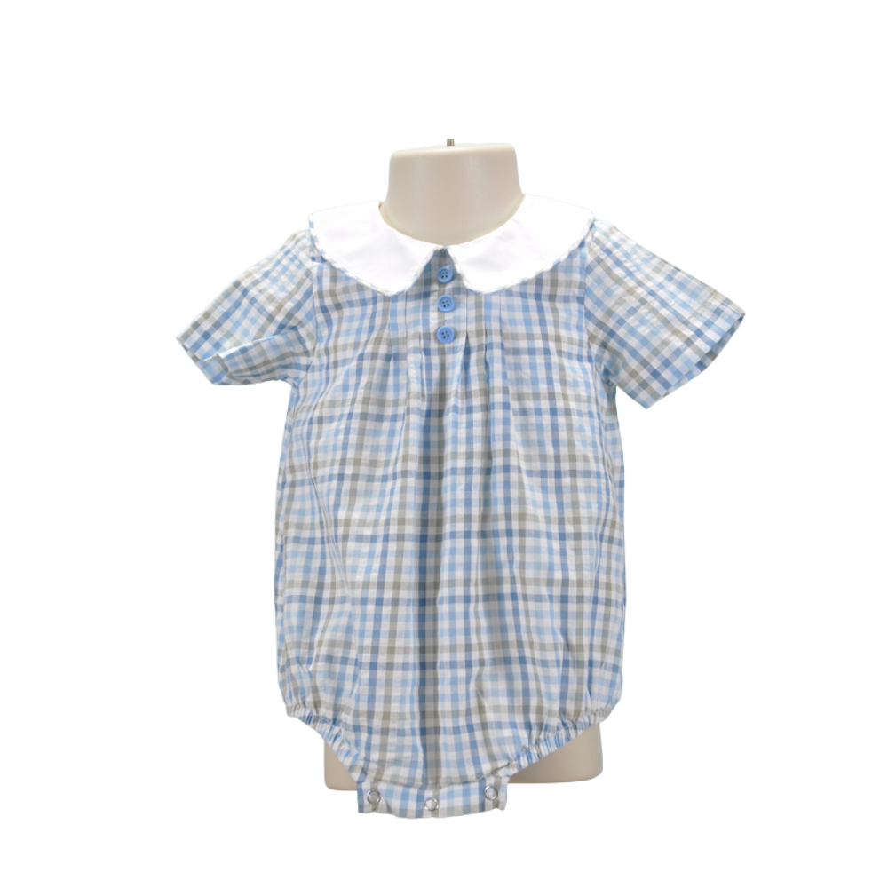 Blue Seersucker Button with Peter Pan Collar Short Sleeve Bubble