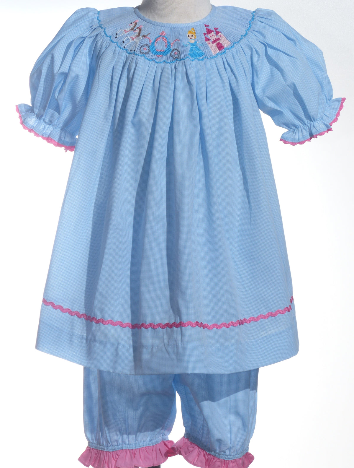 Light Blue Gingham Two-Piece CINDERELLA Smocked Short Sleeve Short Set