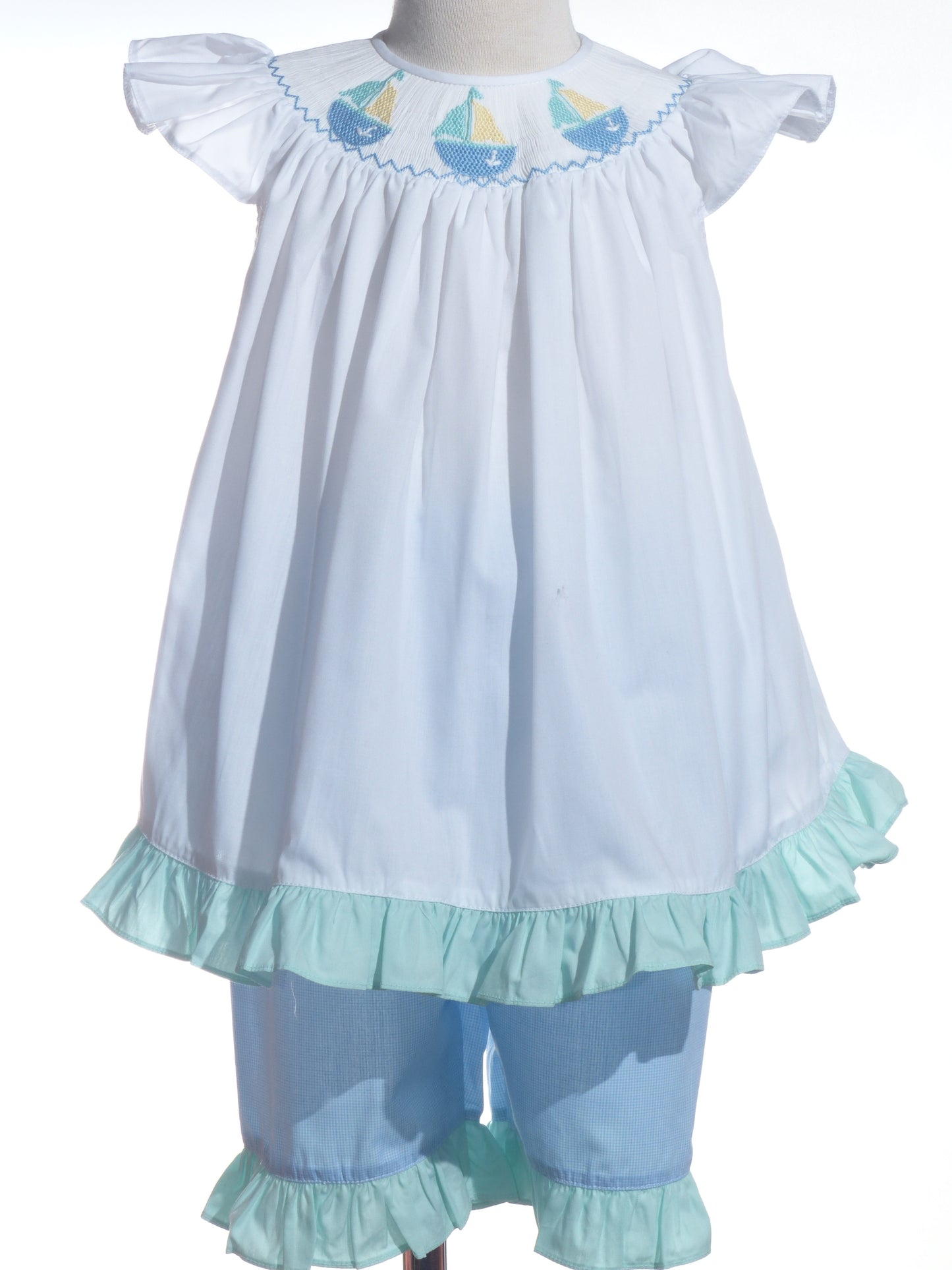 White Top Sailboat Smocked with Turquoise Ruffle Short Set