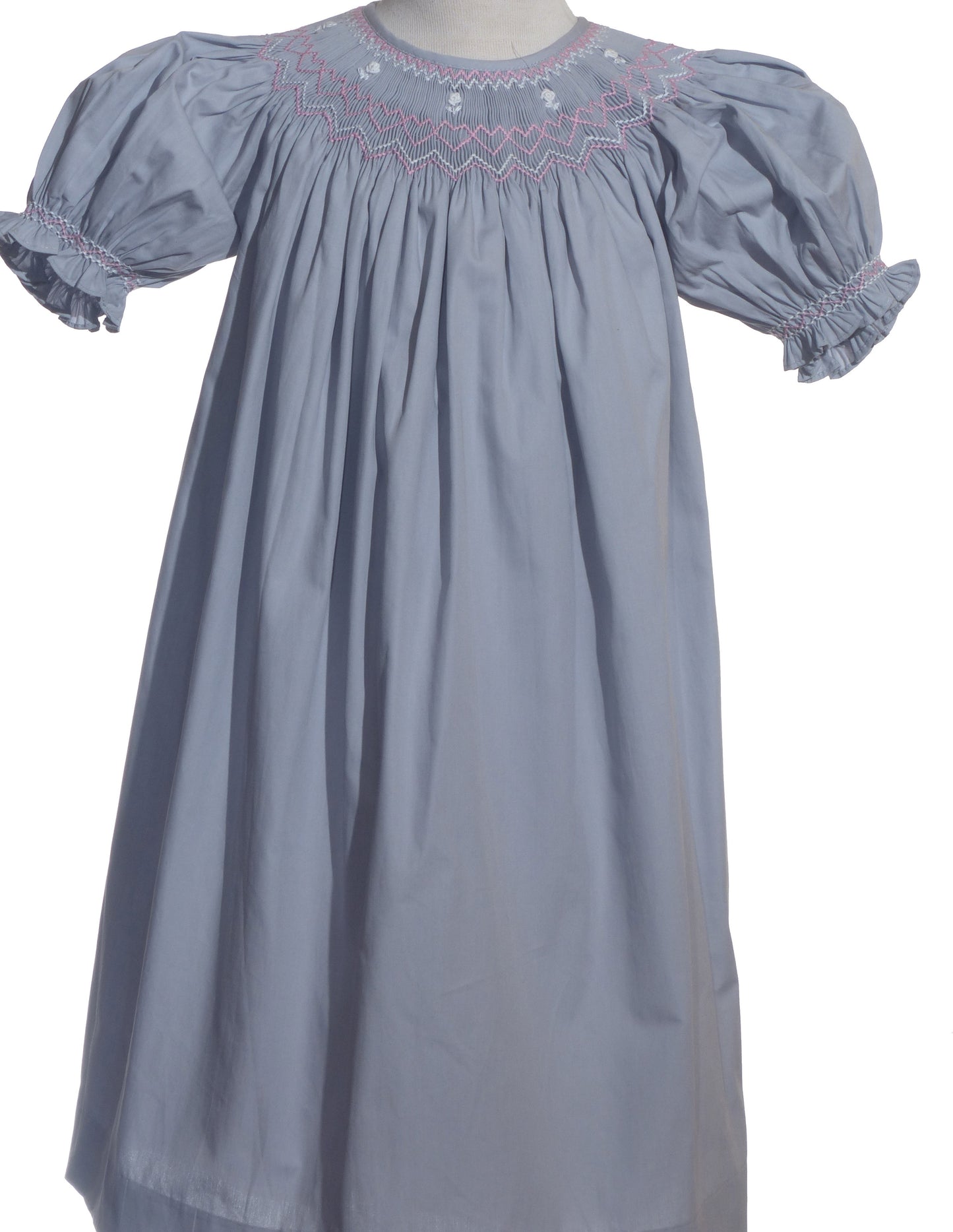 Grey Geometric Smocked Short Bishop Sleeve Dress Featuring Floral Embroidered