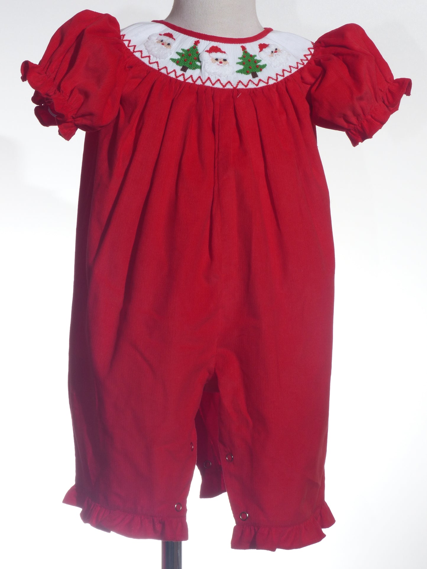 Red Corduroy Santa & Christmas Tree Smocked Romper