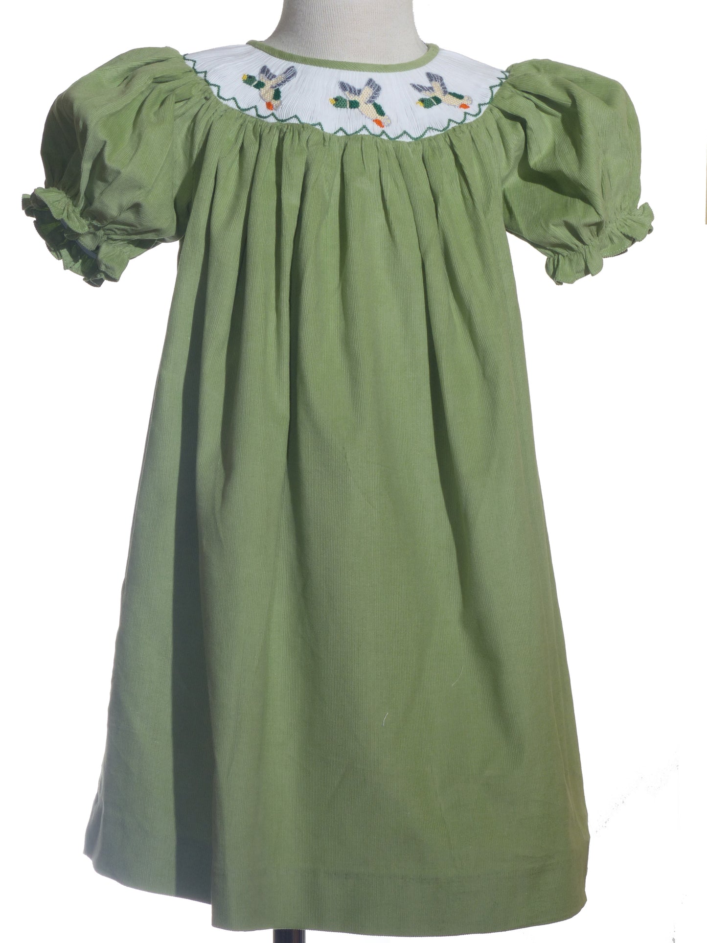 Sage Green Corduroy Mallard Smocked Short Sleeve Bishop Dress