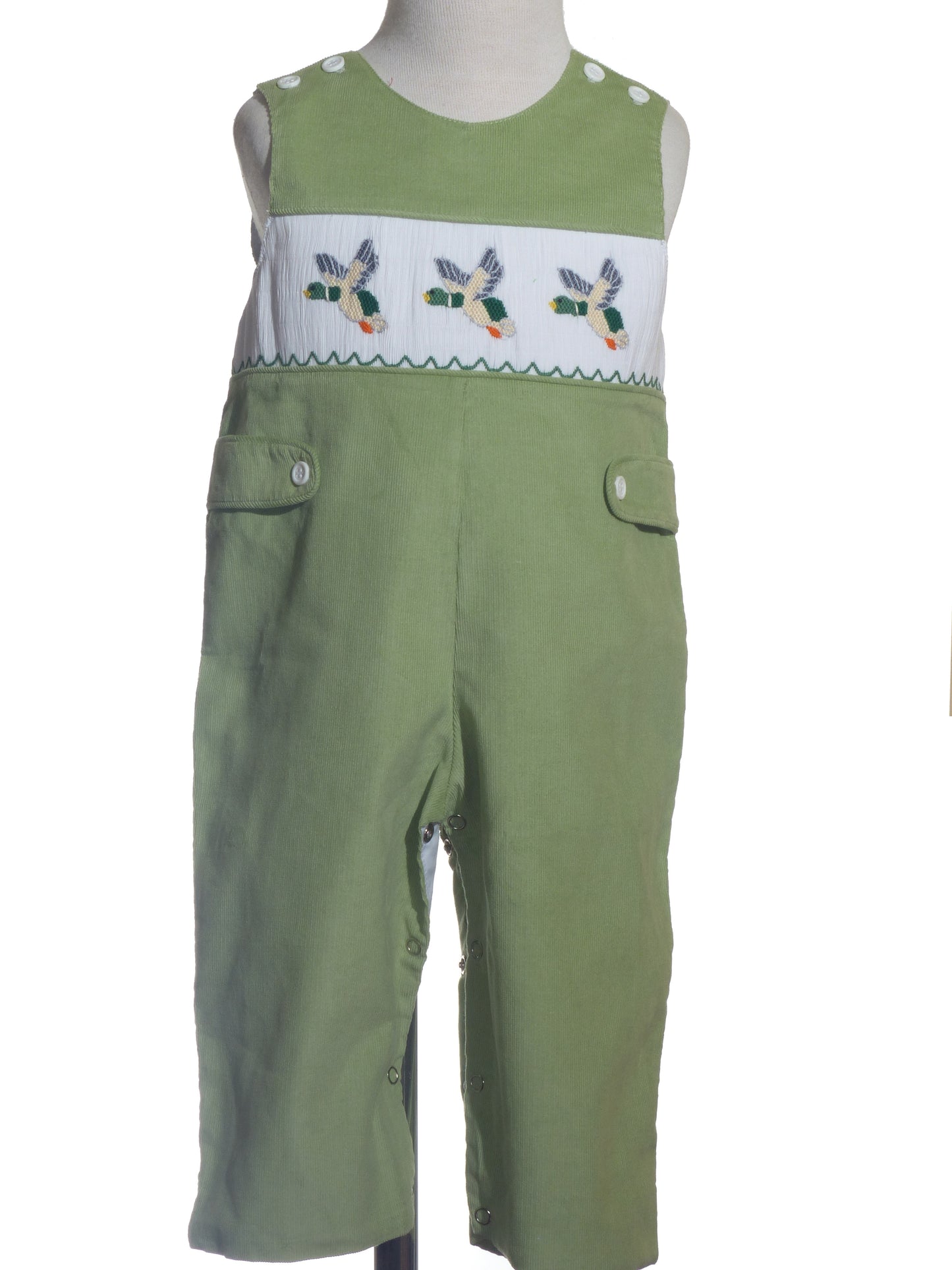 Sage Green Corduroy Mallard Smocked Boy Long Overall