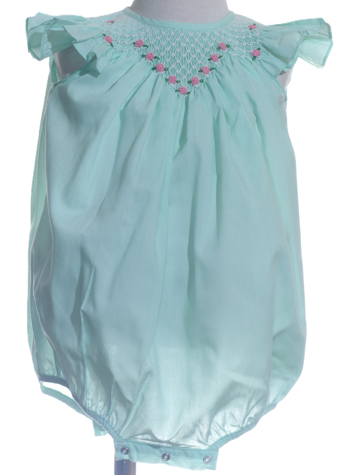 Turquoise Geo Smocked With Roses Angel Wing Sleeve Bubble