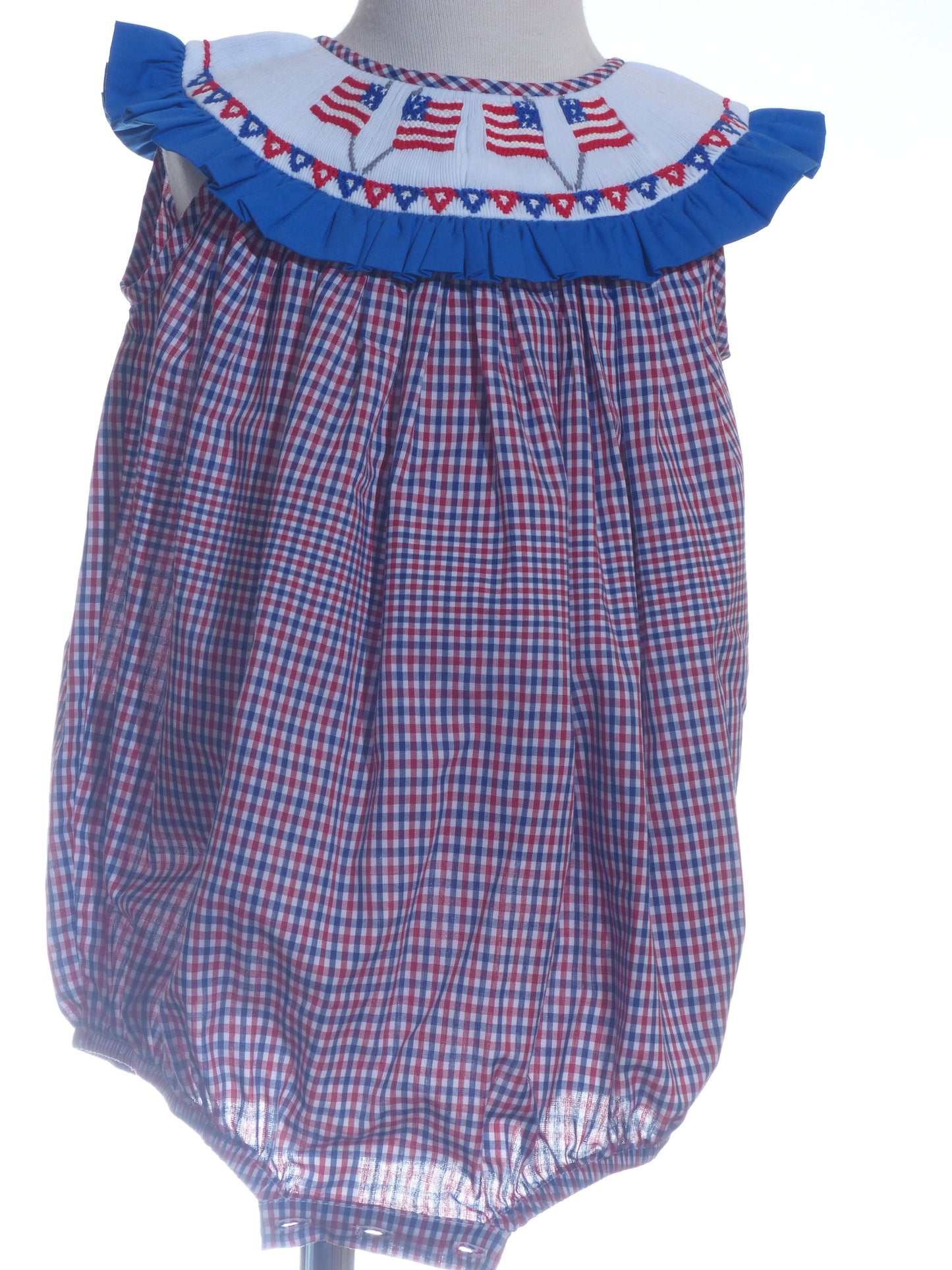 Red, White, BLue Gingham American Flags Smocked Bubble