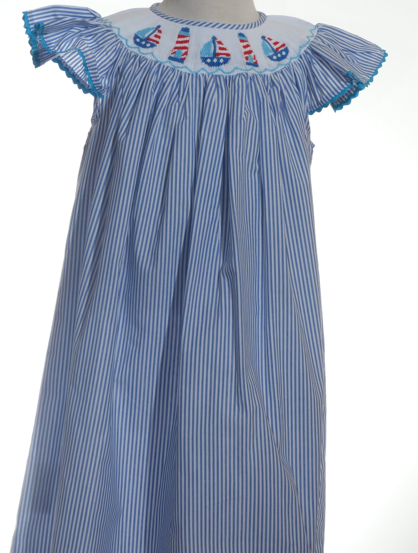 Blue Striped SAILBOATS SMOCKED Angel Wing Sleeve Bishop Dress