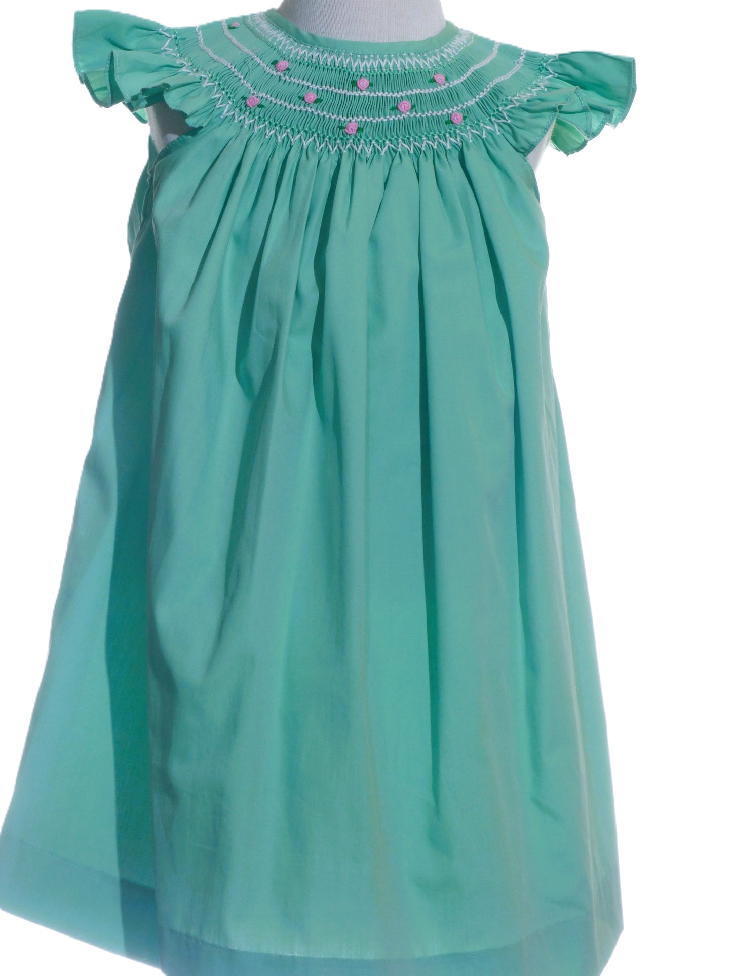 Green Geo Smocked With Roses Angel Wing Sleeve Dress