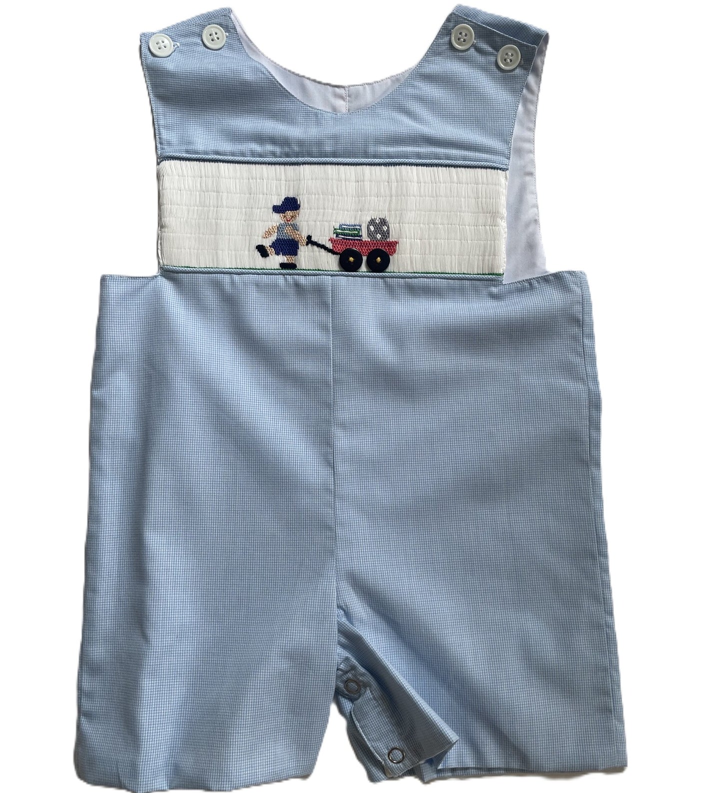 Blue Gingham Boy Jon Jon featuring BOY PULLING A WAGON Smocked
