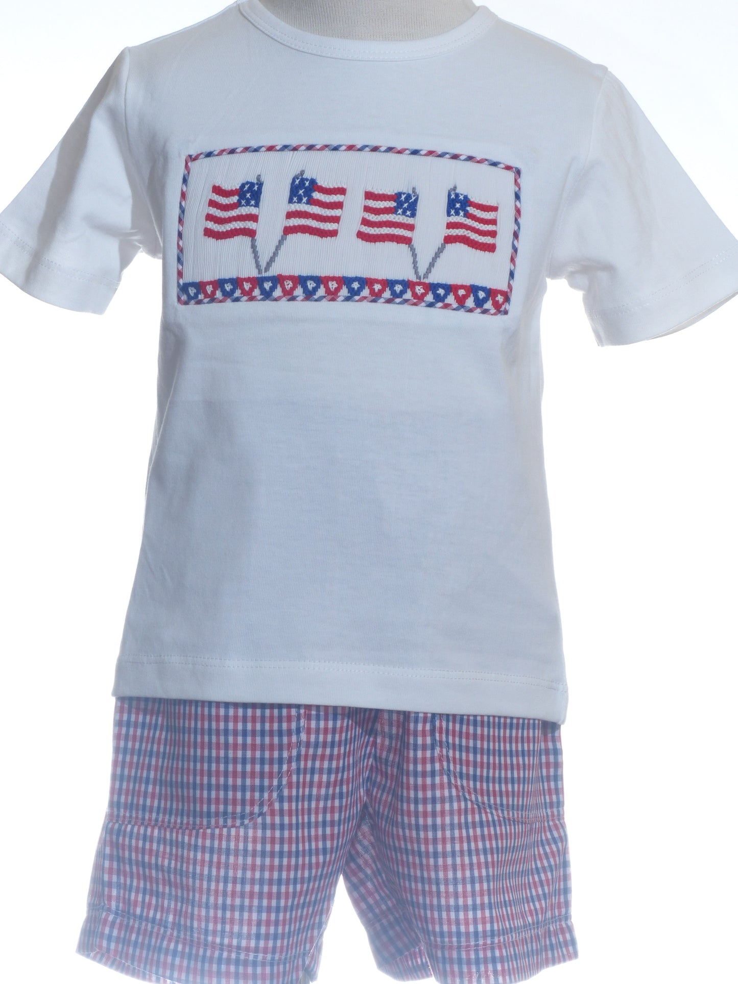White T-shirt with Red, White, and Blue Gingham Short Featuring American Flag Smocked