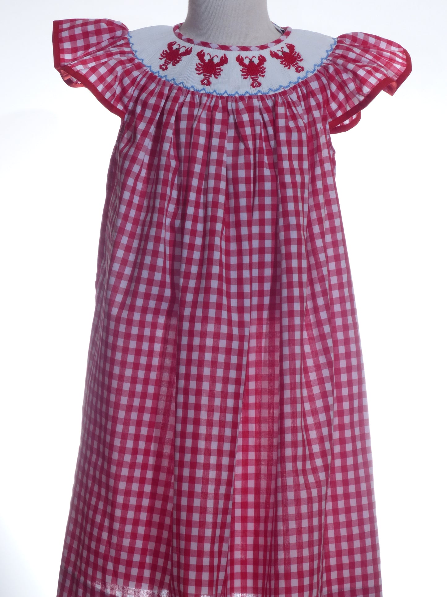 Red Gingham Lobster Smocked Angel Wing Sleeve Dress