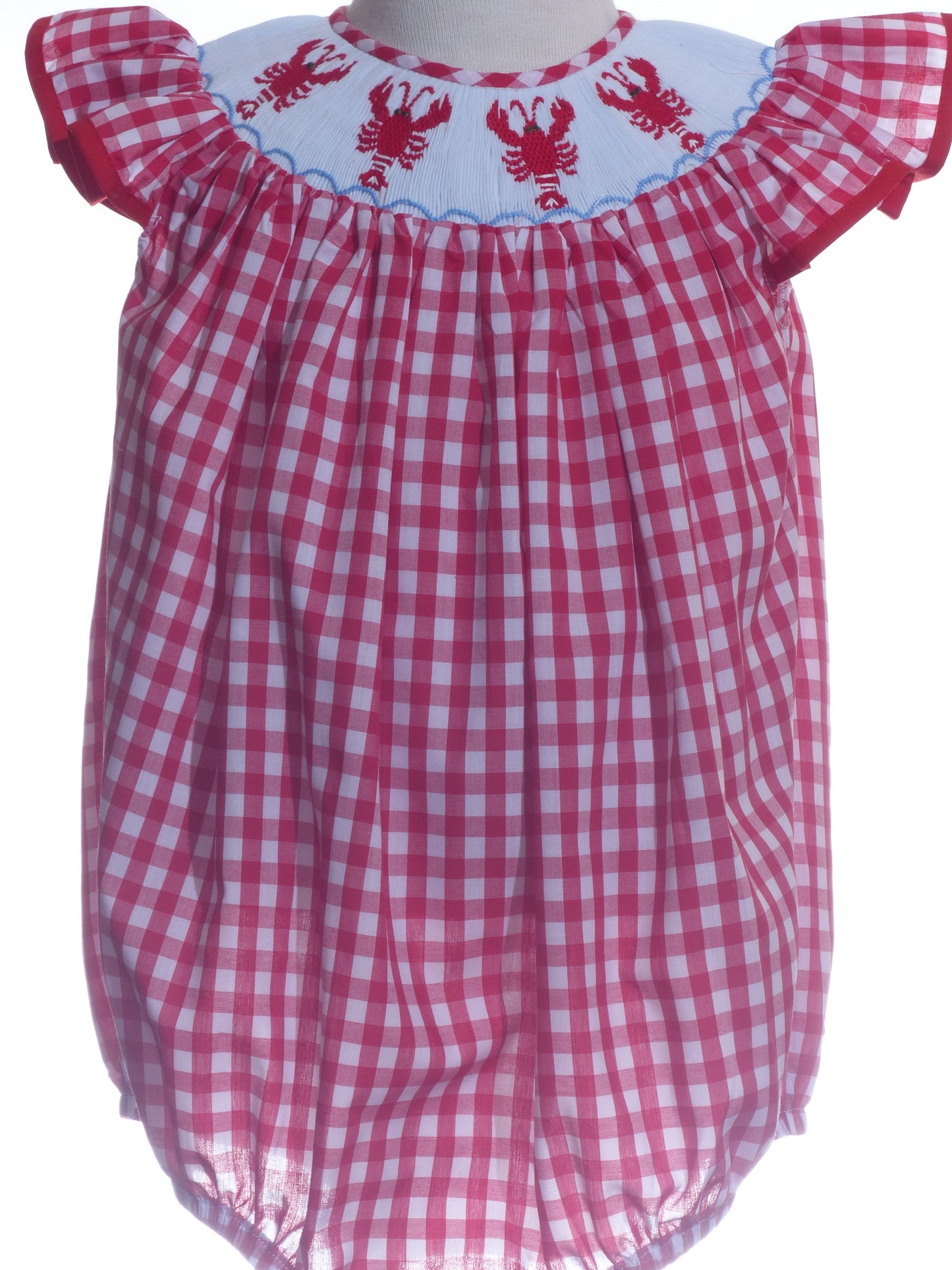 Red Gingham Lobster Smocked Angel Wing Sleeve Bubble