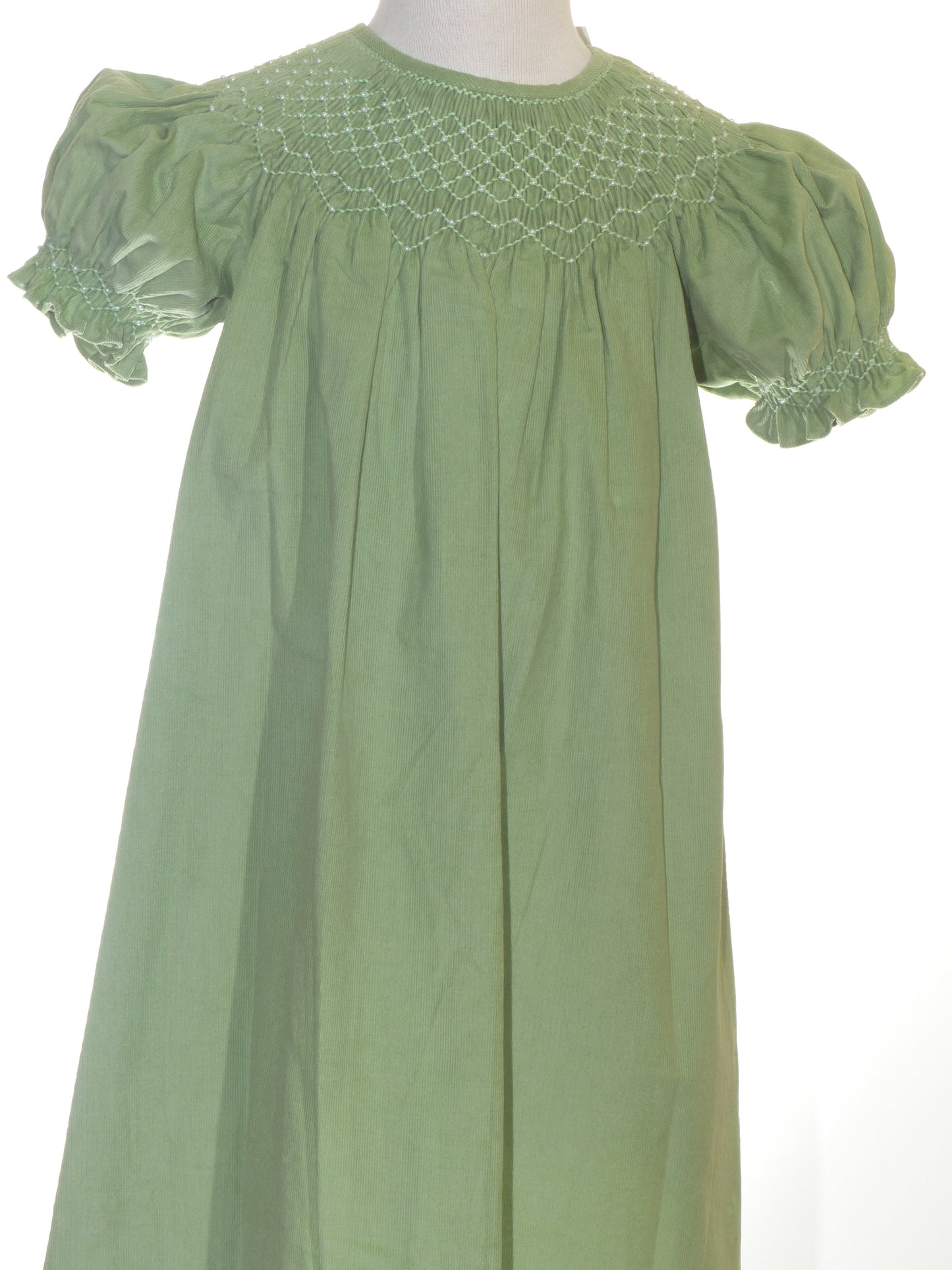 Green Corduroy Pearl Smocked Short Sleeve Bishop Dress