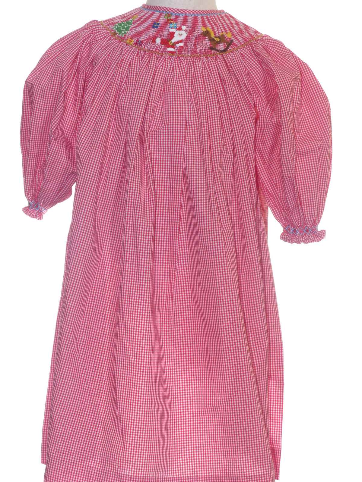 Red Gingham Long-Sleeve Bishop Dress Smocked With SANTA, CHRISTMAS TREE & ROCKING HORSE