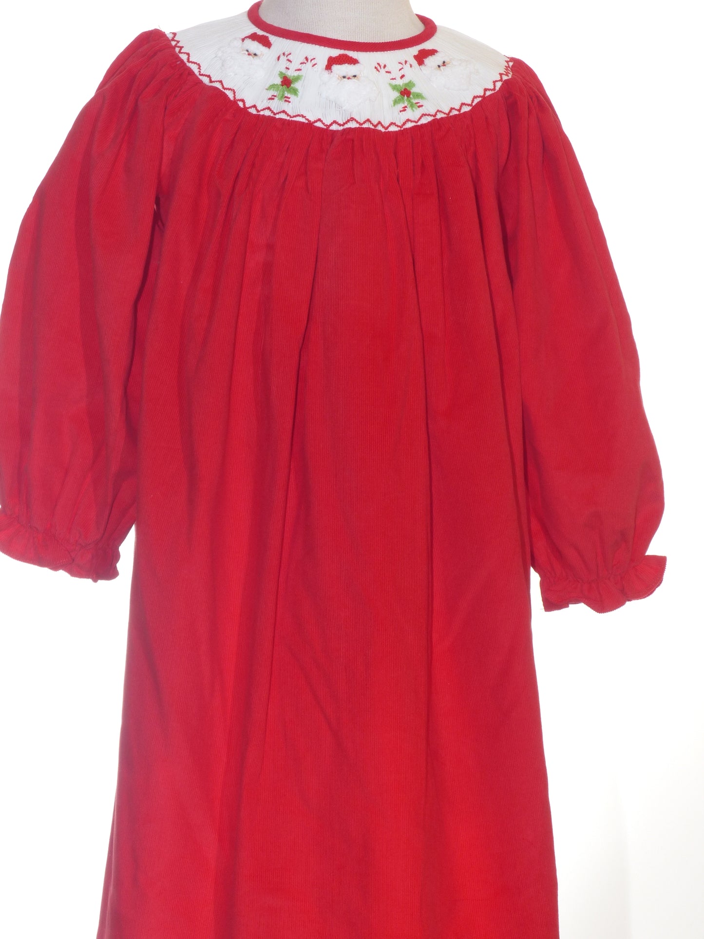 Red Corduroy Santa & Candy Cane Smocked Long Sleeve Bishop Dress