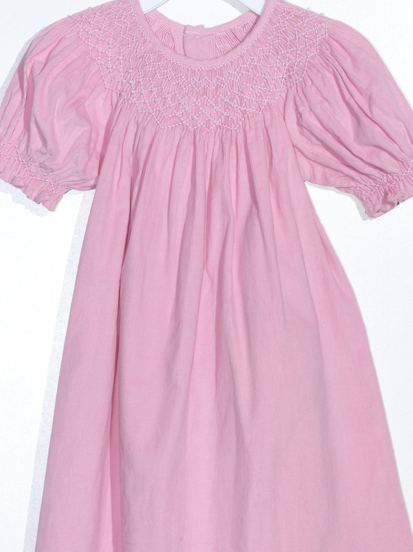 Pink Corduroy Geo Smocked With Pearl Short Sleeve Bishop Dress