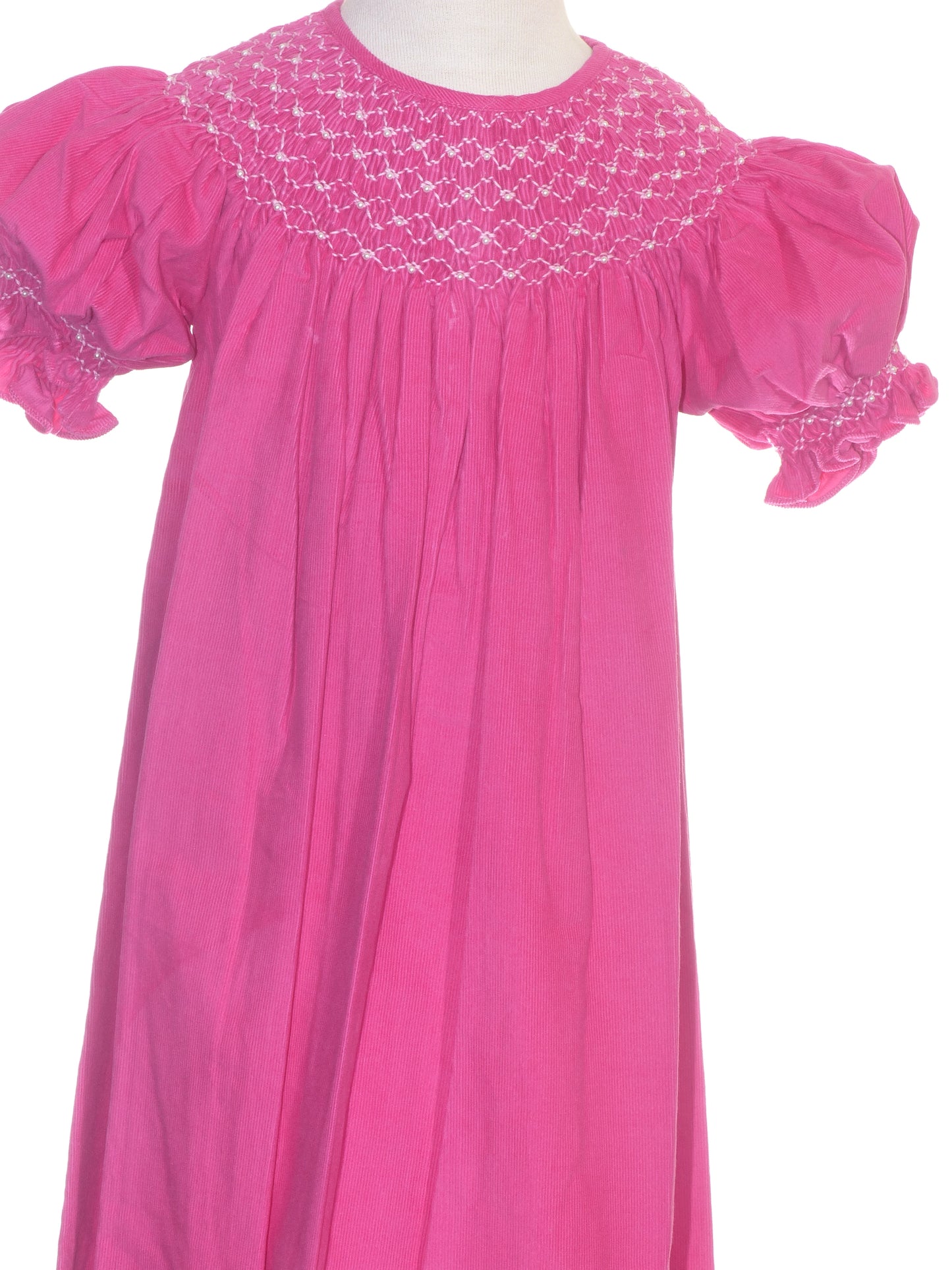Hot Pink Corduroy Geo Smocked With Pearls Short Sleeve Bishop Dress