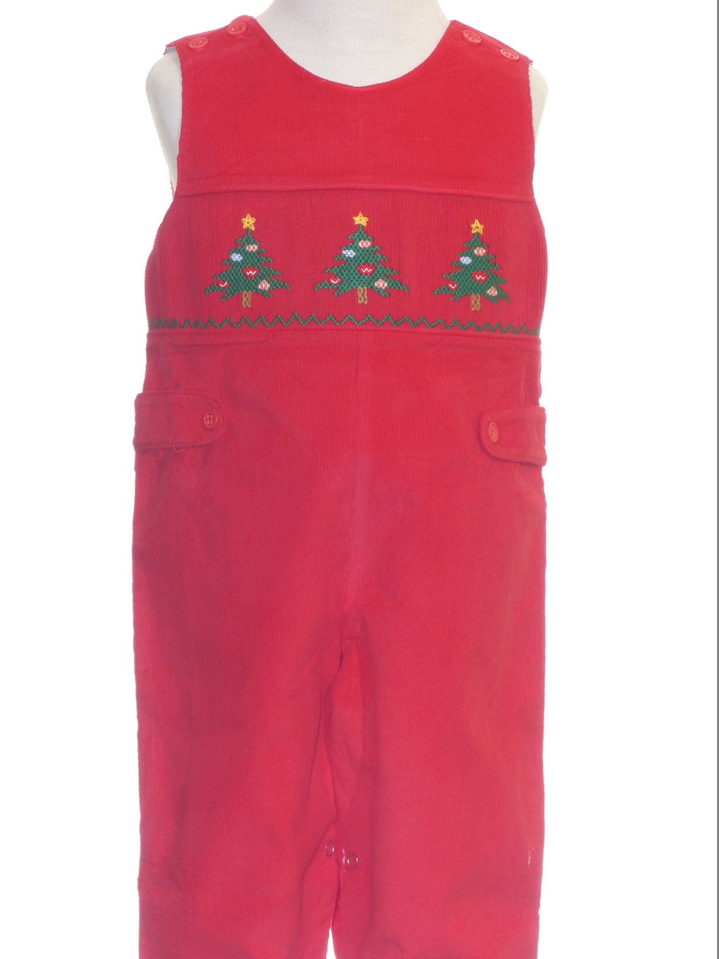 Red Corduroy Christmas Trees Smocked Boy Long Overall