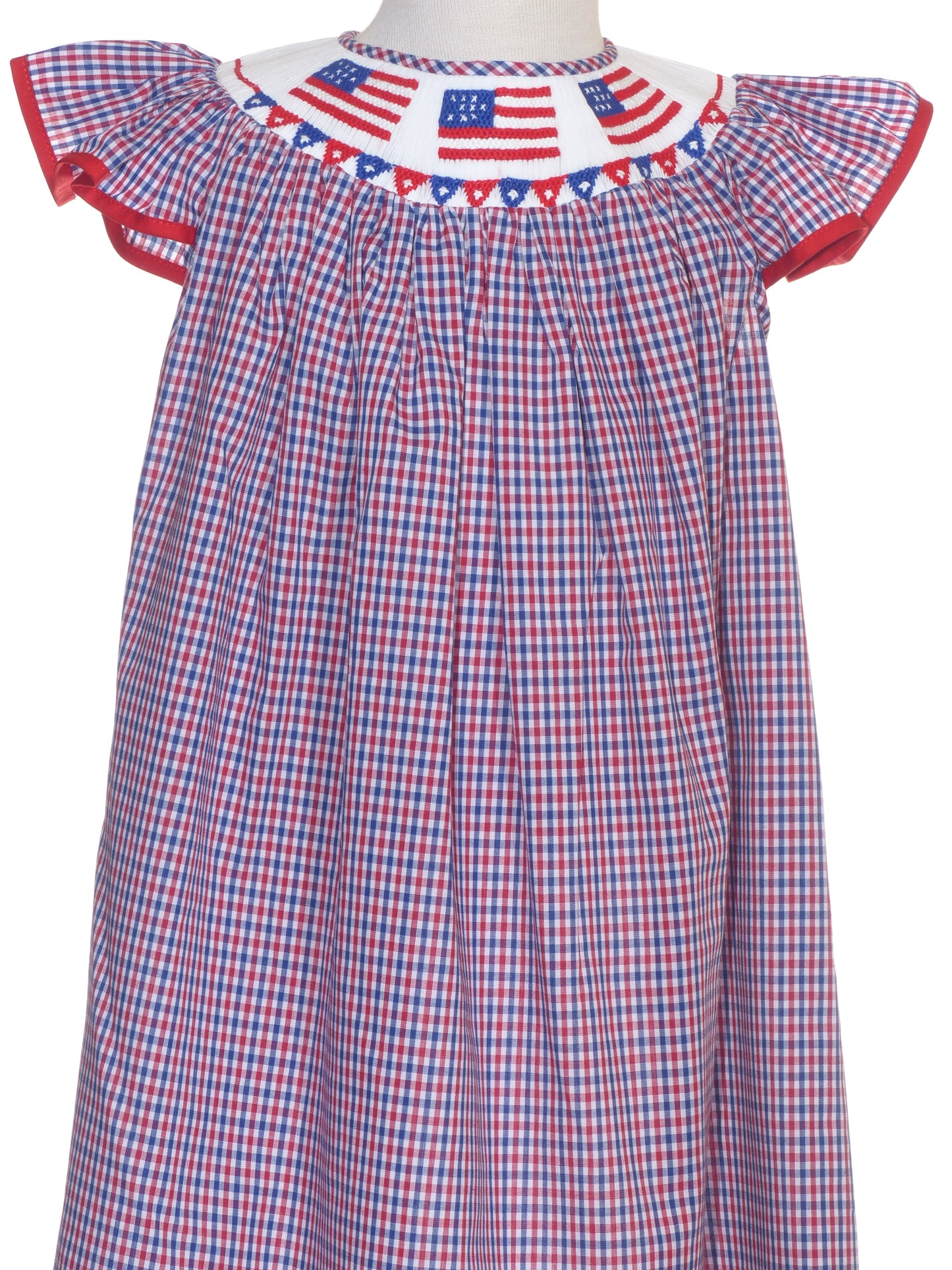 Red, White, BLue Gingham American Flags Smocked with Angle Wing Sleeve