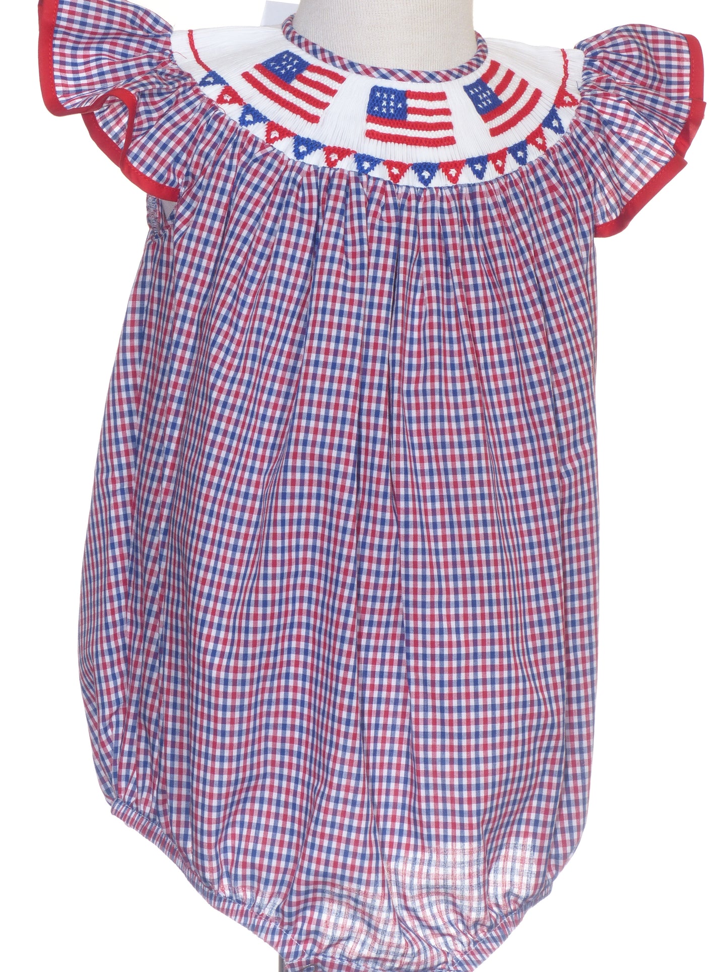 Red, White, BLue Gingham American Flags Smocked Bubble