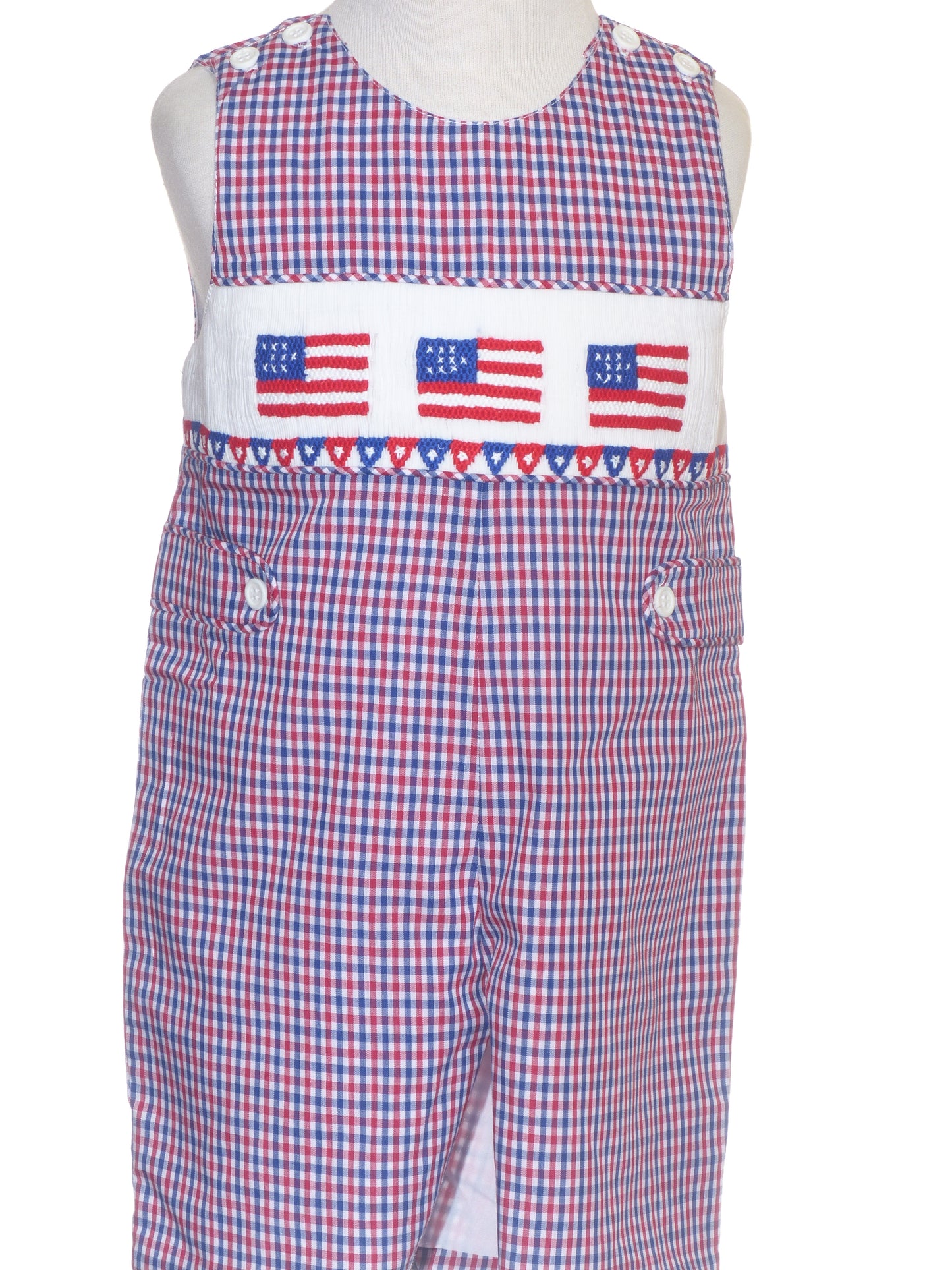 Red, White and Blue Gingham Boy Jon Jon featuring American Flag Smocked