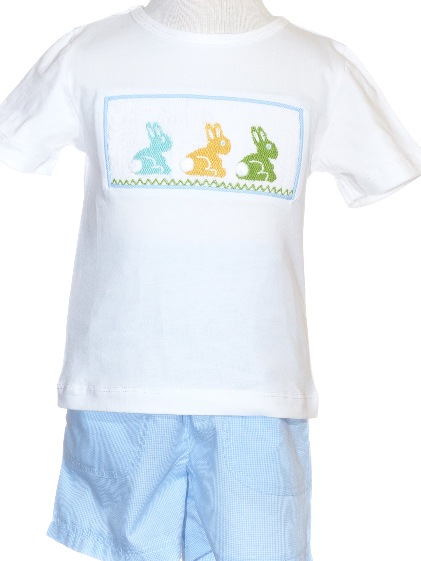 Blue Gingham Smocked Easter Bunnies T-shirt/Shorts Set