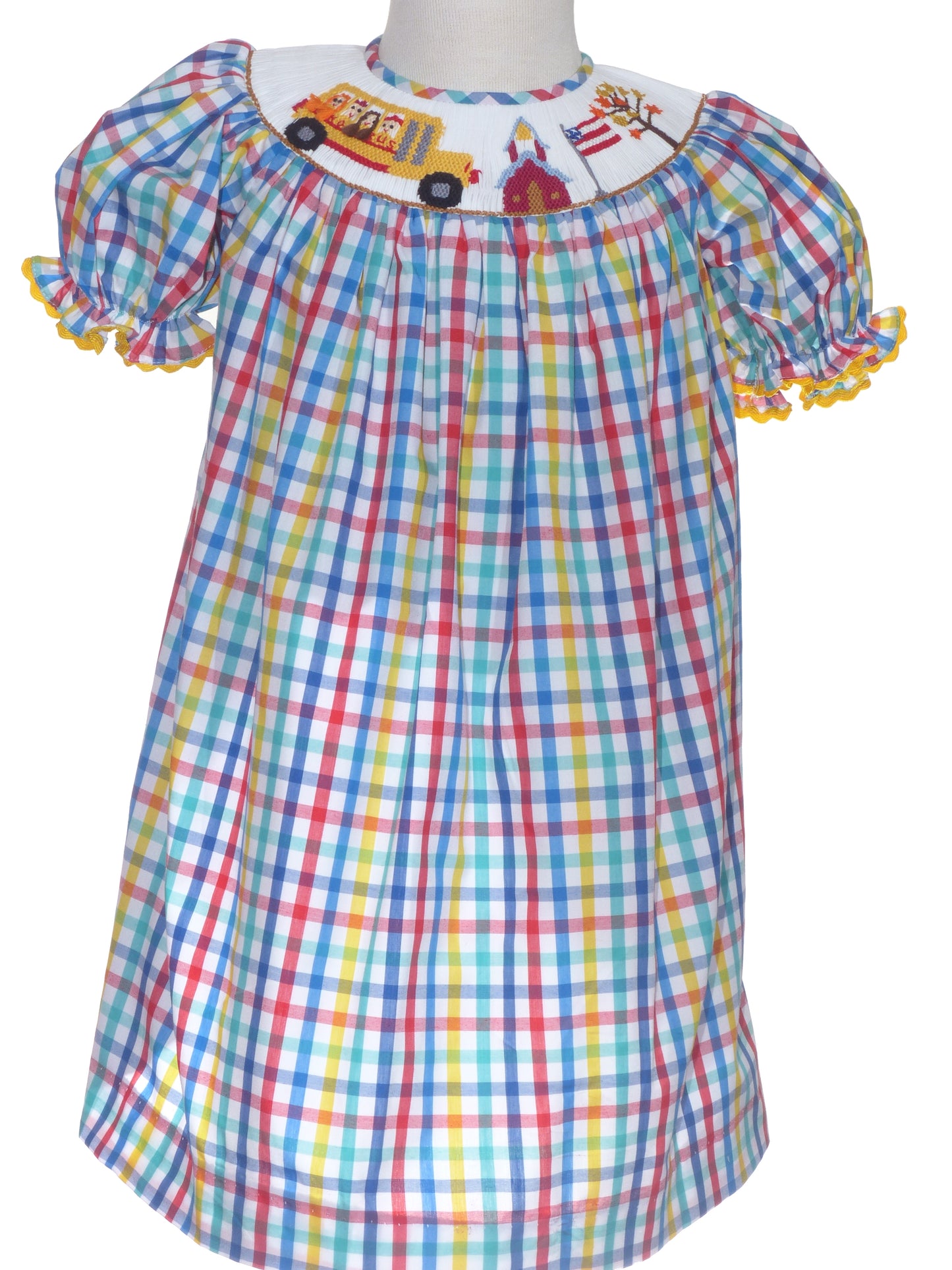 Multi Colors SCHOOL BUS Smocked Short Bishop Sleeve Dress