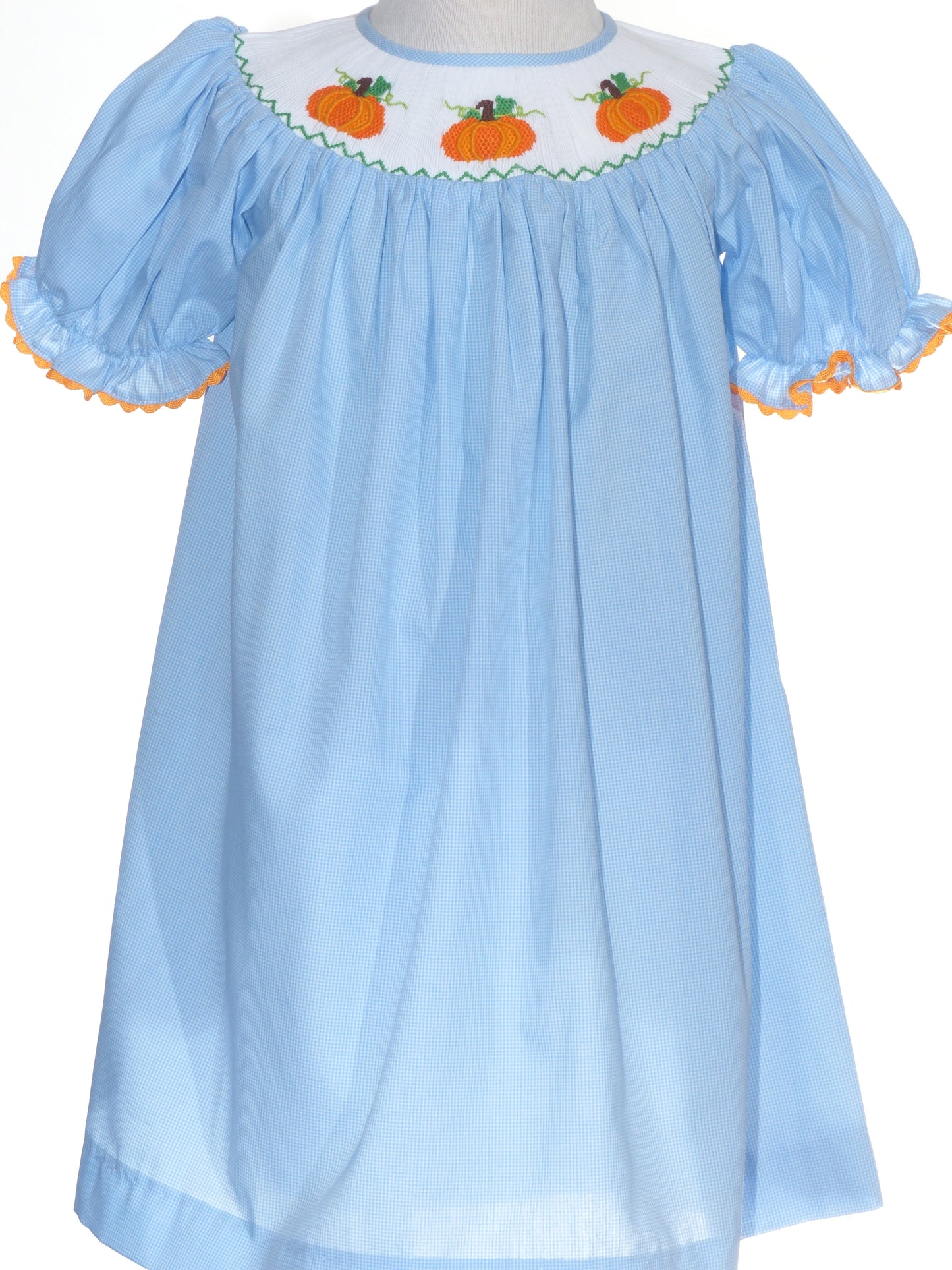 Light Blue Gingham Short Bishop Sleeve Dress featuring PUMPKINS Hand-Smocked