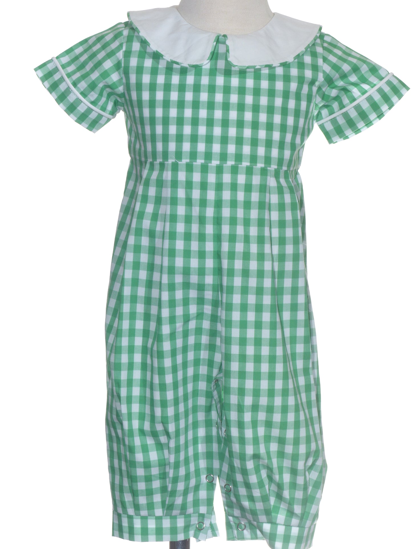 Green Gingham Boy Short Sleeve Peter Pan Collar Monogram-able Romper