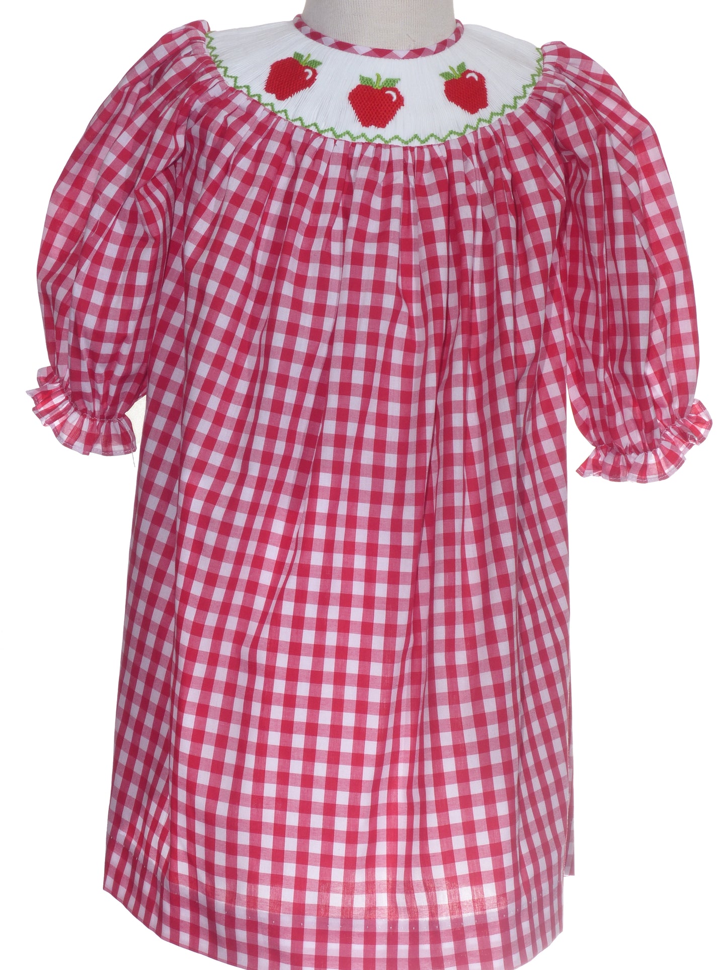 Red Gingham STRAWBERRY Smocked Long Sleeve Bishop Dress